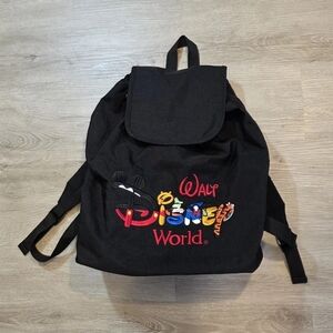 Walt Disney World Black Nylon Drawstring Backpack Embroidered Logo Lightweight